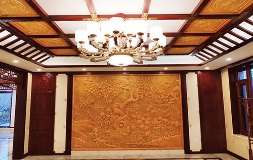 纳雍中式别墅客厅中式木作横梁吊顶装饰展示