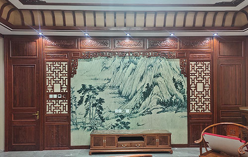 纳雍中式仿古别墅客厅背景墙花格木作装饰